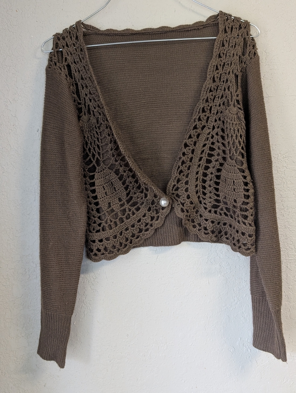 Crochet Open Weave Cardigan S Brown Pearl Goblin Festival Fairy Dainty Whimsy